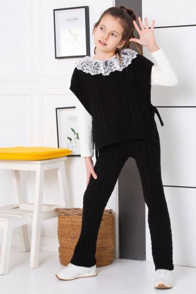 SÜVETERLİ YAKA GÜPÜRLÜ KIZ TRİKO TAKIM  Siyah