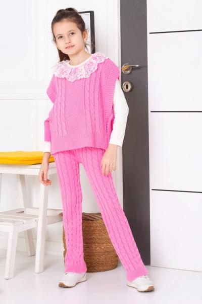 SÜVETERLİ YAKA GÜPÜRLÜ KIZ TRİKO TAKIM  Pembe