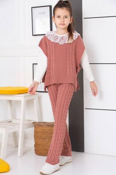 SÜVETERLİ YAKA GÜPÜRLÜ KIZ TRİKO TAKIM  Gül