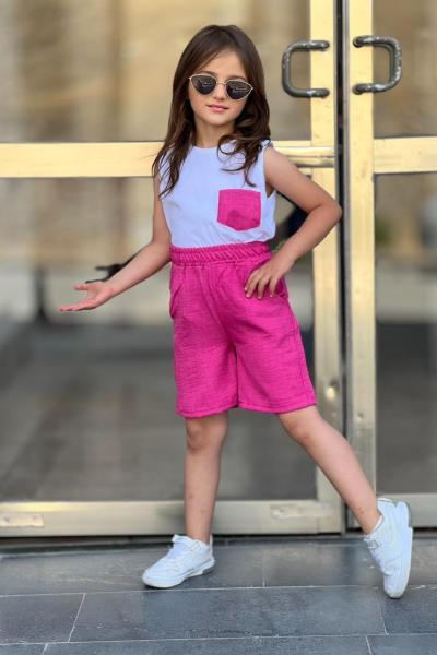 ÜST BEYAZ SIFIR KOL CEP DETAYLI KETEN ŞORTLU TAKIM  Fuşya