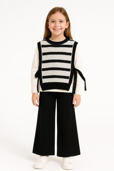 ÇİZGİLİ SÜVETERLİ 3 LÜ KIZ TRİKO TAKIM  Siyah