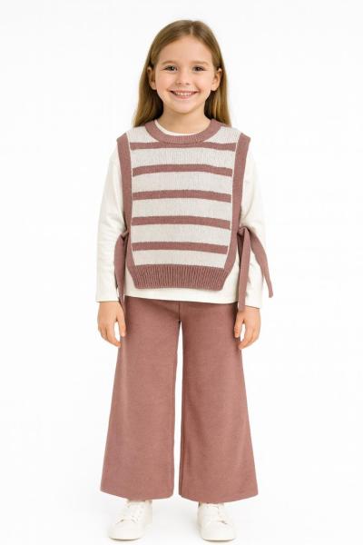 ÇİZGİLİ SÜVETERLİ 3 LÜ KIZ TRİKO TAKIM  Gül