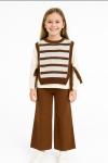 ÇİZGİLİ SÜVETERLİ 3 LÜ KIZ TRİKO TAKIM  Kahverengi