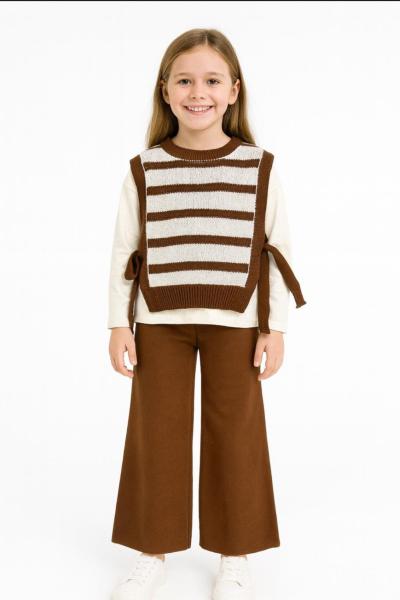 ÇİZGİLİ SÜVETERLİ 3 LÜ KIZ TRİKO TAKIM  Kahverengi
