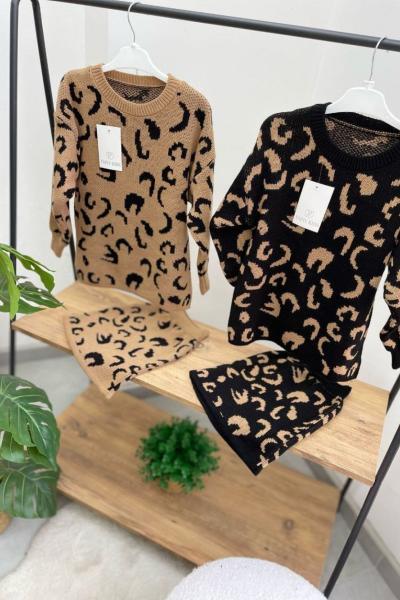 BÜYÜK LEOPARLI TRİKO ETEKLİ TAKIM  Siyah