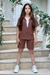 3 PARÇA BADİSİ İP ASKILI KETEN ŞORTLU KIZ TAKIM  Kahverengi