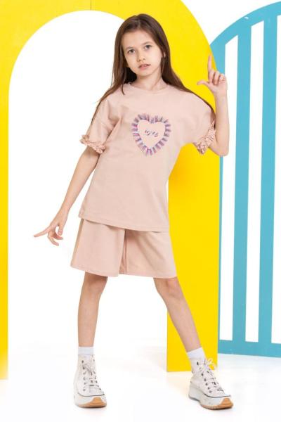 KALPLİ ORTASI LOVE NAKIŞLI ŞORTLU KIZ TAKIM  Bej