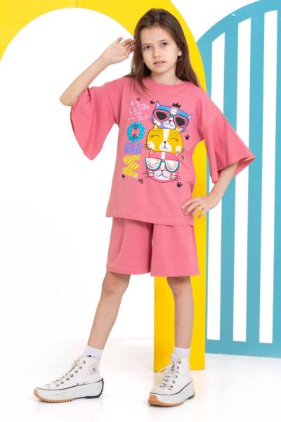 MEOW 3 KEDİLİ ŞORTLU KIZ TAKIM  Gül