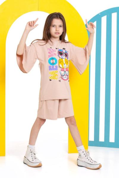 MEOW 3 KEDİLİ ŞORTLU KIZ TAKIM  Bej