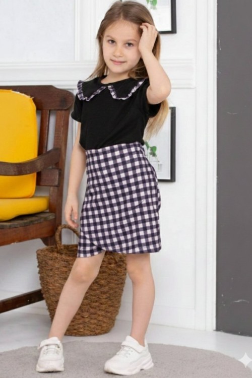 KARELİ BEBE YAKALI WAFFLE ŞORT ETEKLI TAKİM  Siyah