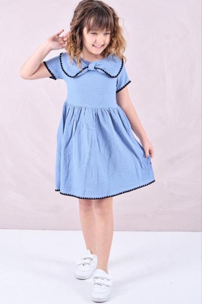 YAKASI BÜYÜK FİYONKLU MÜSLİN ELBİSE  Mavi