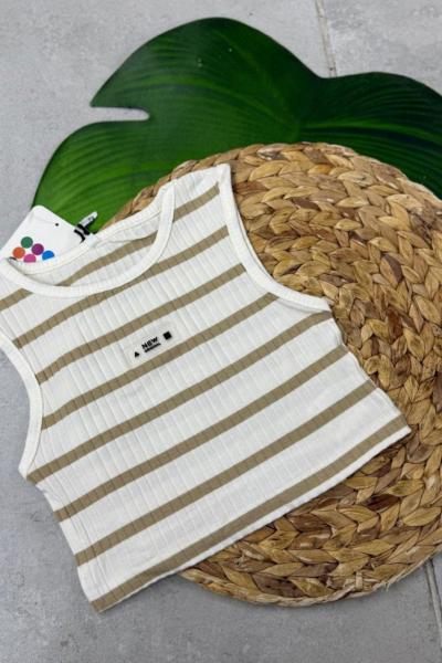 NEW ORIGINAL ÇİZGİLİ SIFIRKOL CROP Bej