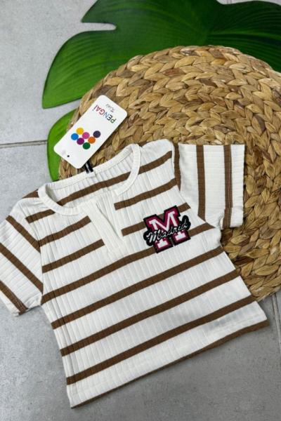 M YAZILI ÇİZGİLİ CROP Kahverengi