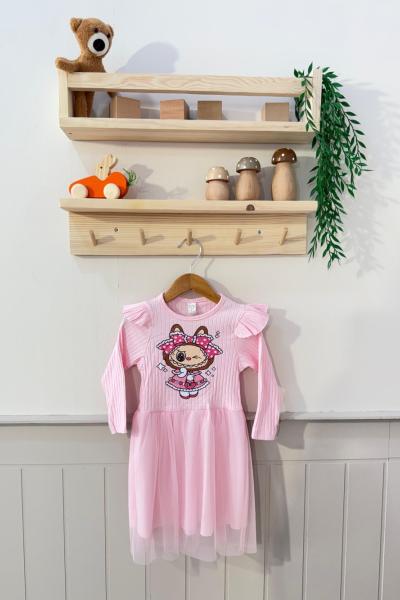 TEKLİ LABUBU TÜL KIZ ELBİSE Pudra