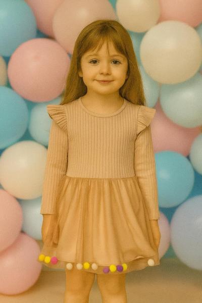 PONPNLU DÜZ TÜL KIZ ELBİSE Bej