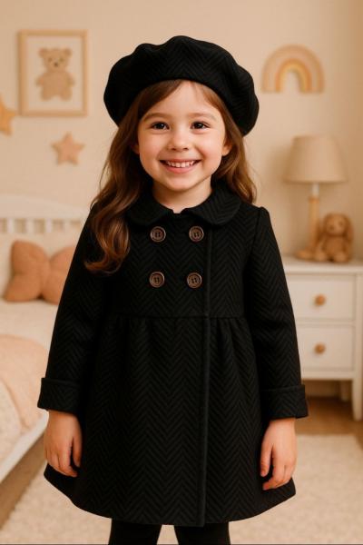ŞAPKALI 3 DÜĞMELİ KAZ AYAĞI DESENLİ KIZ KABAN Siyah