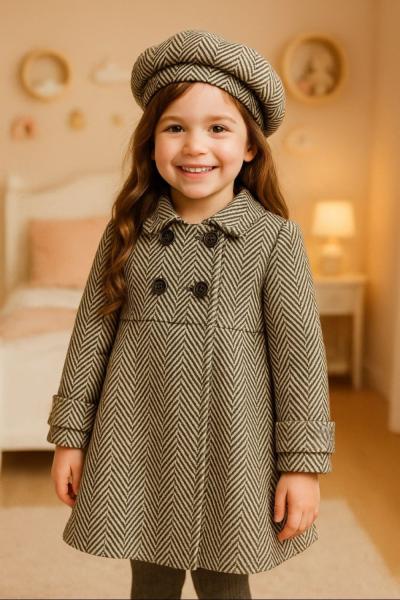 ŞAPKALI 3 DÜĞMELİ KAZ AYAĞI DESENLİ KIZ KABAN Bej