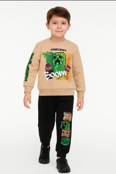 3 İP ŞARDONLU BOOM SURATLI MİNECRAFT EŞOFMAN TAKIMI Bej