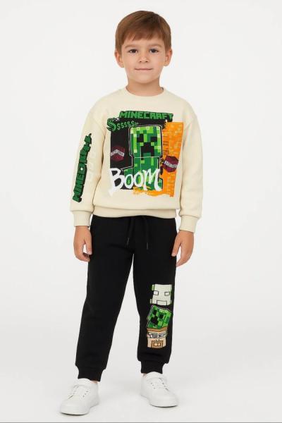 3 İP ŞARDONLU BOOM SURATLI MİNECRAFT EŞOFMAN TAKIMI Krem