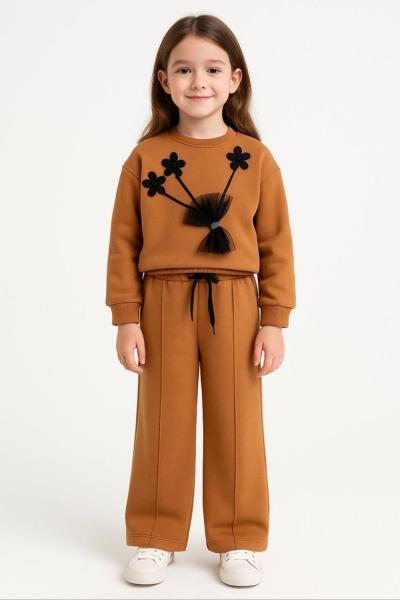 3 IP ŞARDONLU KELEBEK DETAYLI ÇİMALI KIZ TAKIM  Turuncu