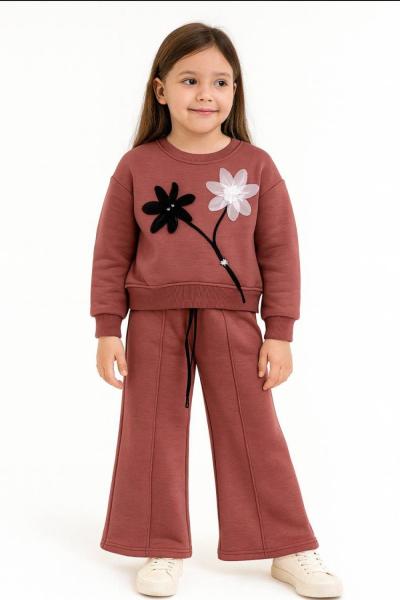 3 İP ŞARDONLU ÇİÇEK DETAYLI ÇİMALI KIZ TAKIM Gül