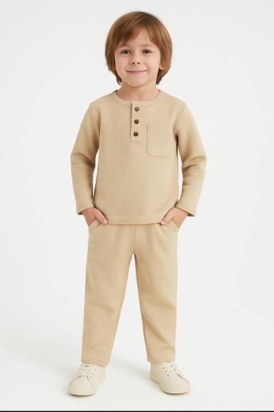 MEVSİMLİK DÜĞMELİ CEP DETAYLI SALAŞ ERKEK TAKİM  Bej