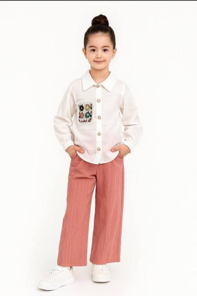 ÜST BEYAZ GÖMLEK NAKIŞ DETAYLI KETEN TAKIM  Gül