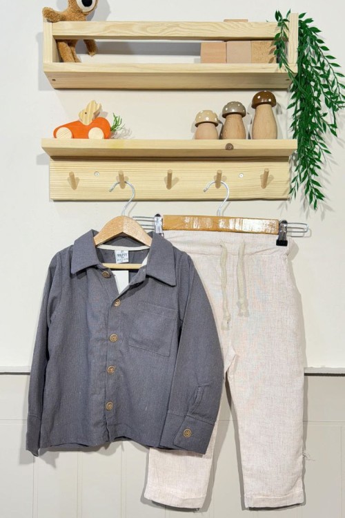 GÖMLEKLİ KLASİK KETEN ERKEK TAKIM  Gri