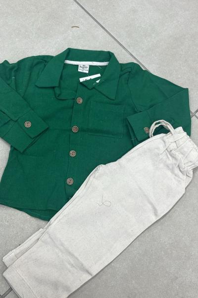 GÖMLEKLİ KLASİK KETEN ERKEK TAKIM  Yeşil