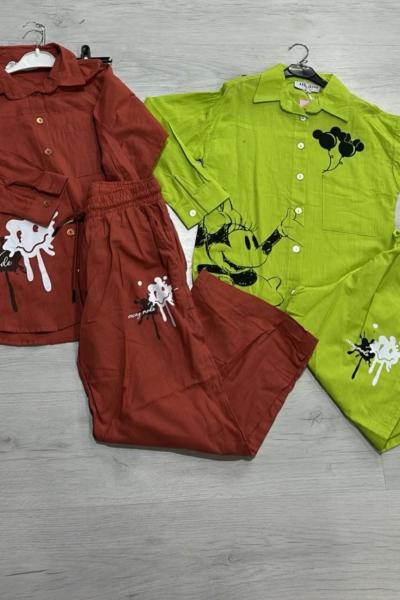 BOYALI GÖMLEKLİ PANTOLONLU İKİLİ KIZ TAKIM Kiremit