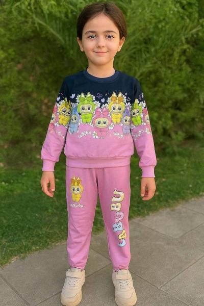 İKİ RENKLİ ÇOKLU LABUBU KIZ EŞOFMAN TAKIMI  Pembe