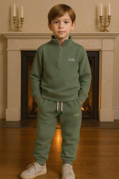 ZARA YARIM FERMUARLI ÇAKIL TAŞLI KUMAŞ UNİSEX TAKIM Yeşil