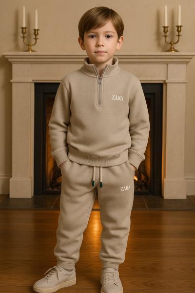 ZARA YARIM FERMUARLI ÇAKIL TAŞLI KUMAŞ UNİSEX TAKIM Bej