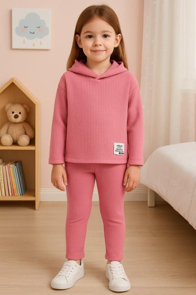 FİTİLLİ KAPŞONLU CEPLİ HAVUÇ PANTOLON KIZ TAKIM Pembe