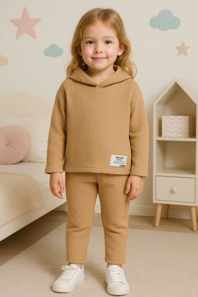 FİTİLLİ KAPŞONLU CEPLİ HAVUÇ PANTOLON KIZ TAKIM Bej