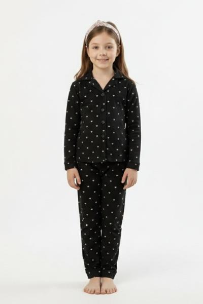 MİNİK KALPLİ SÜET KIZ PİJAMA TAKIMI Siyah