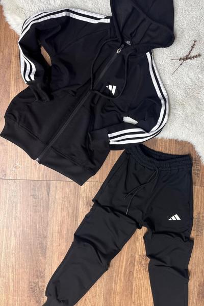 YENİ İKİ İPLİK AD KOLLARI ŞERİTLİ EŞOFMAN TAKIMI Siyah