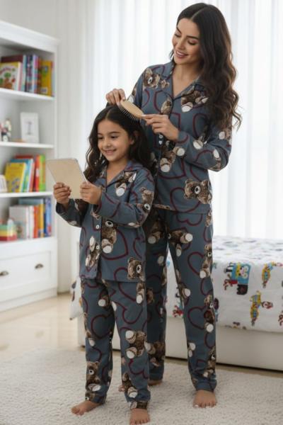 AYICIKLI KALPLİ ANNE PİJAMA TAKIMI  Gri Bordo