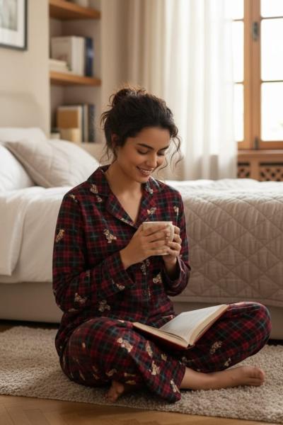 EKOSE AYICIKLI SÜET ANNE PİJAMA TAKIMI  Siyah Bordo