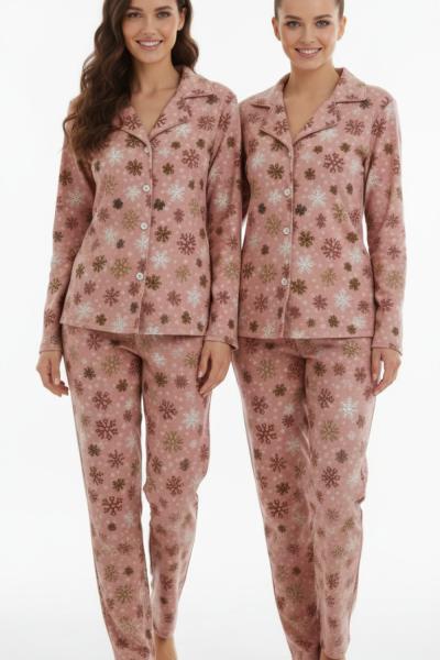 KAR TANESİ DESENLİ SÜET ANNE PİJAMA TAKIMI  Pembe