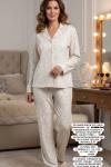 ÇİZGİLİ RENKLİ SÜET PİJAMA TAKIMI  Ekru