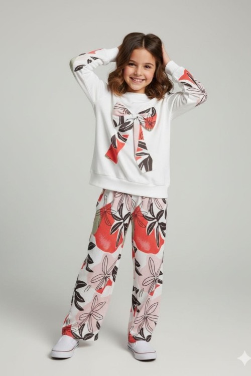 ORTASI FİYONKLU PANTOLONU ÇİÇEKLİ BÜRÜMCÜK KIZ TAKIM  Pembe