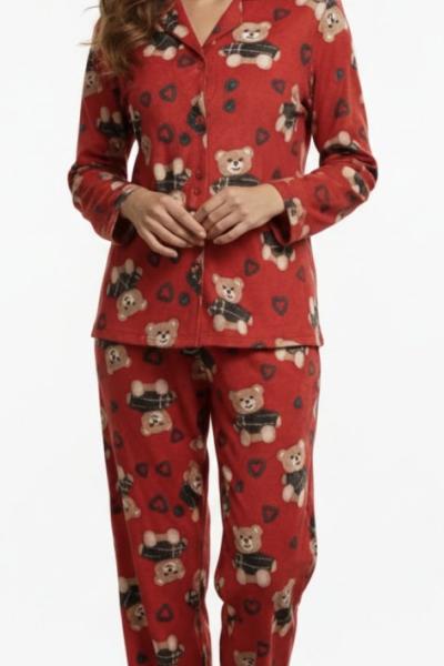 KALPLİ VE AYICIKLI ANNE SÜET PİJAMA TAKIMI  Kırmızı
