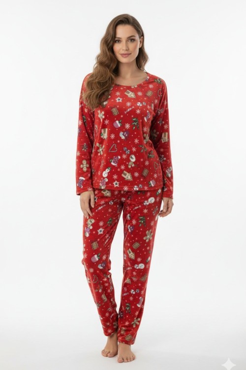 HER YERİ DESENLİ YILBAŞINA ÖZEL ANNE PİJAMA TAKIMI Kırmızı