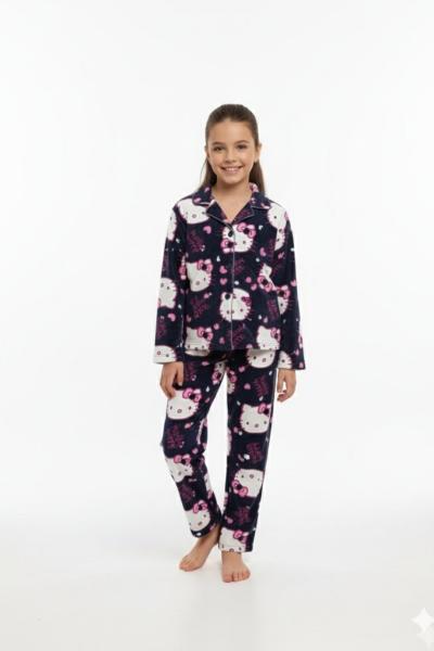 LACİVERT HELLO KİTTY SÜET KIZ PİJAMA TAKIMI Lacivert