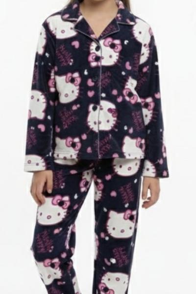 LACİVERT HELLO KİTTY SÜET KIZ PİJAMA TAKIMI Lacivert