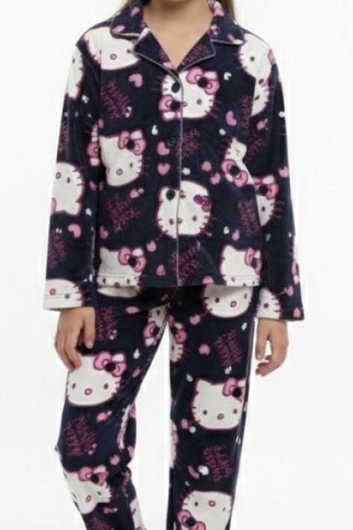 LACİVERT HELLO KİTTY SÜET KIZ PİJAMA TAKIMI Lacivert