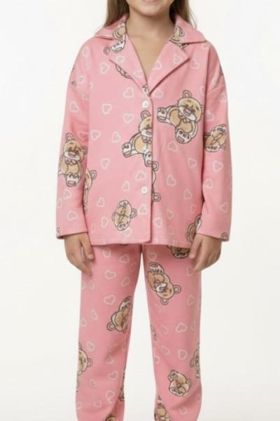 PEMBE KALP VE AYICIK DETAYLI SÜET KIZ ÇOCUK PİJAMA Pembe