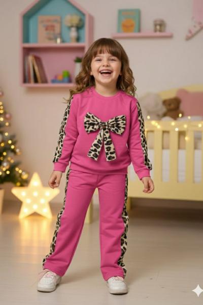 YENİ İKİ İP YANLARI LEOPAR DESENLİ TARZ KIZ TAKIM Fuşya