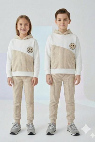 GÜLÜCÜK DETAYLI SU YOLU UNİSEX TARZ TAKIM Bej